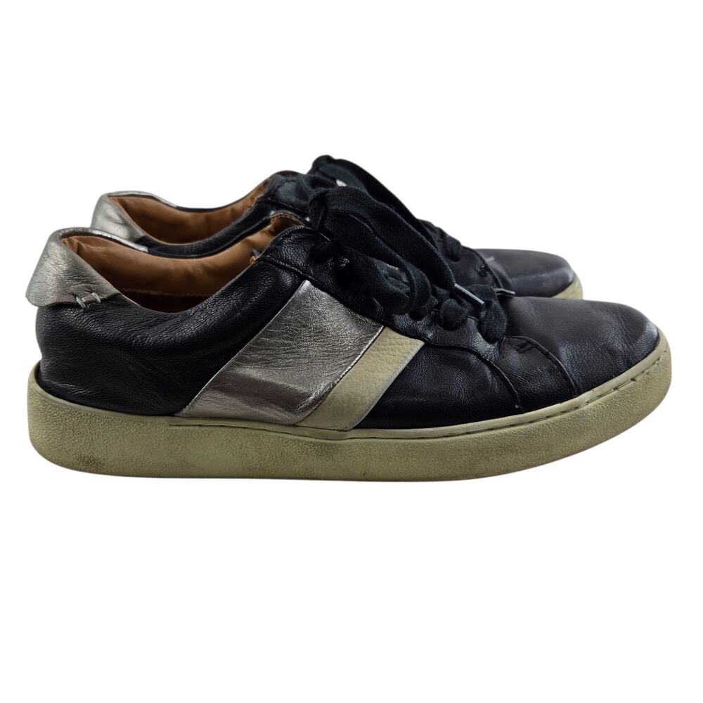 Frye Hallie Sneakers Womens 8.5 Low Top Black Leather Metallic‎ Silver Ivory